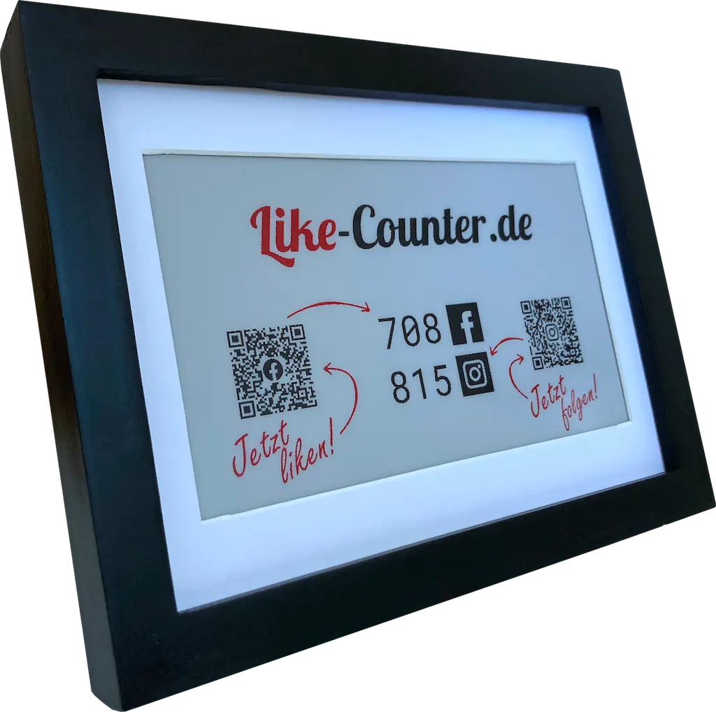 Bei dem Like Counter handelt es sich um ein (E-Paper) Bildschirm, der die Follower deiner Social Media Seiten in Echtzeit anzeigt. Jeder neuer Follower führt zu einer automatischen Aktualisierung des Zählers.